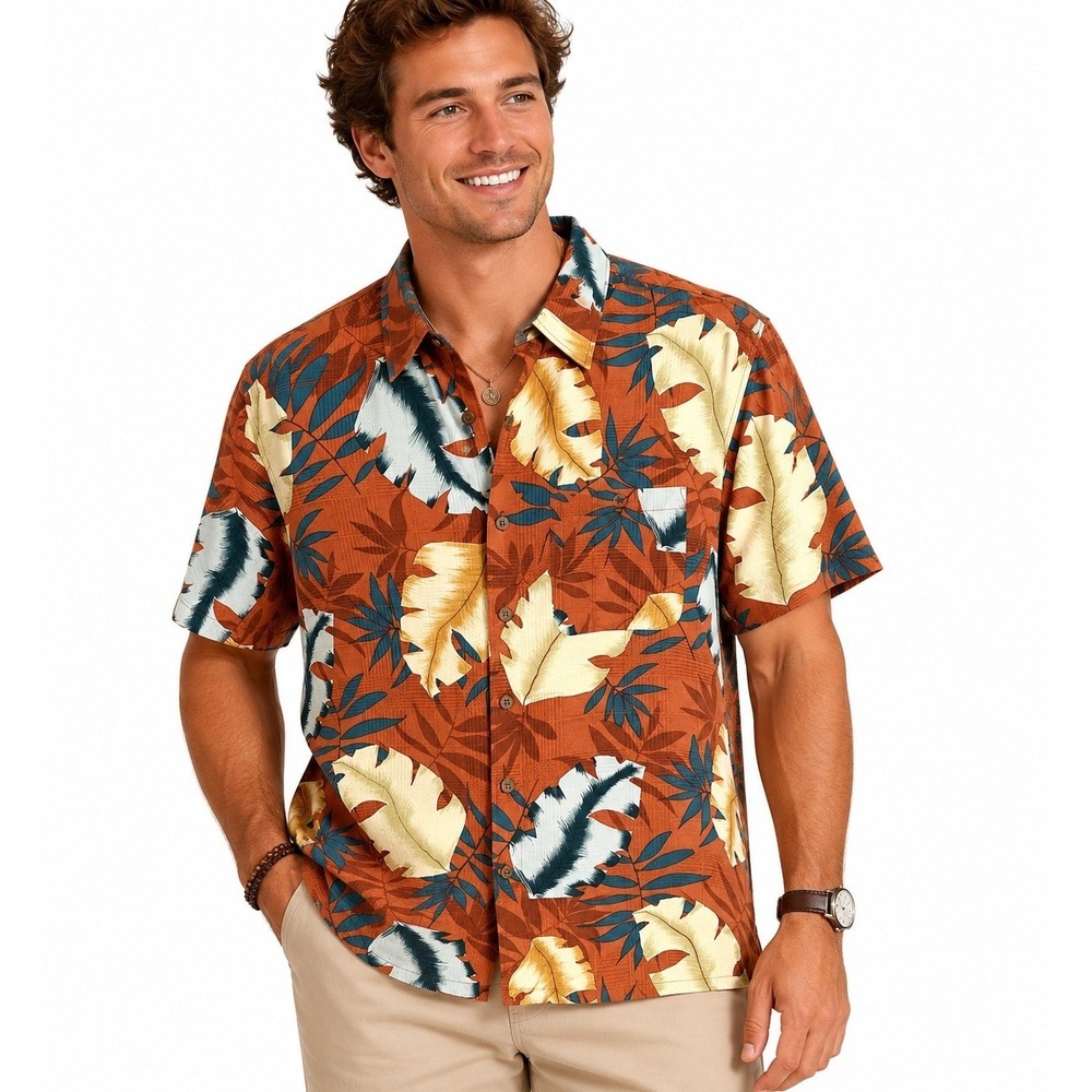 Banana Cabana Button Down Shirt XL Terra‎ Cotta Silk Tropical Leaf Print Vacay